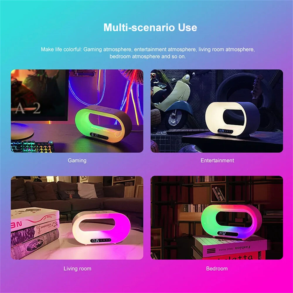 (image for) Multi-function 3 In 1 LED Night Light APP Control RGB Atmosphere Desk Lamp Smart Multifunctional Wireless Charger Alarm Clock