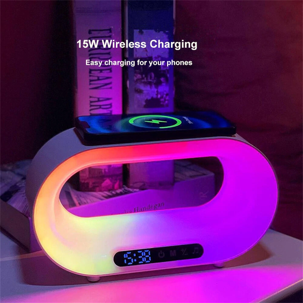 (image for) Multi-function 3 In 1 LED Night Light APP Control RGB Atmosphere Desk Lamp Smart Multifunctional Wireless Charger Alarm Clock